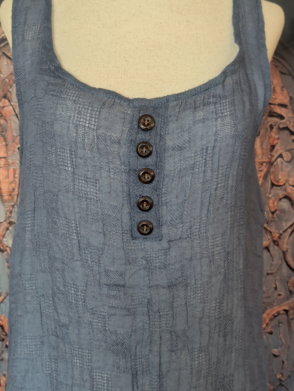 Simply Couture Slate Blue Linen Tank Dress with Ivory Hem Trim - Picture 2 of 8